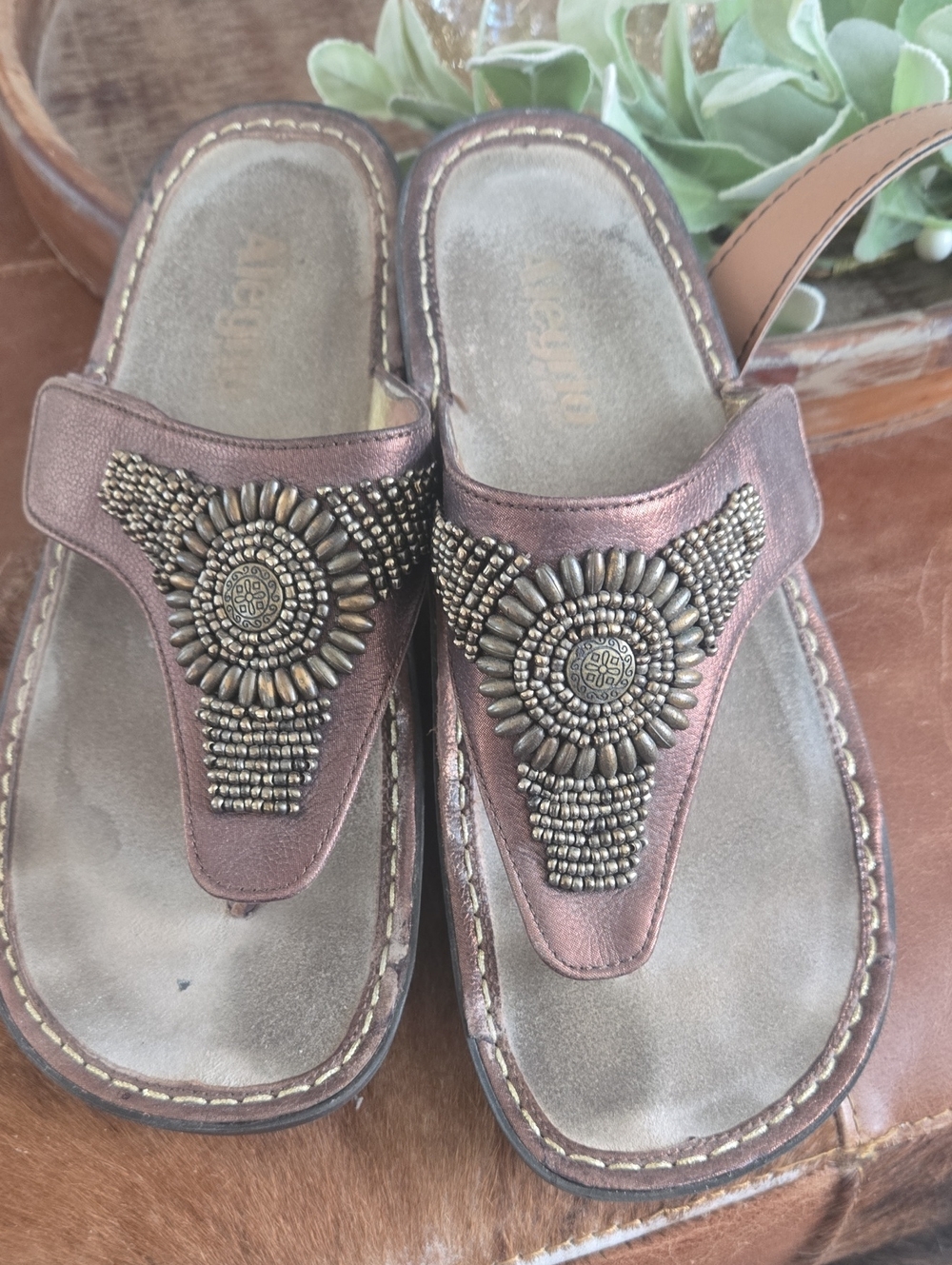 Alegria Metallic Bronze Beaded Thong Sandals - Picture 2 of 11